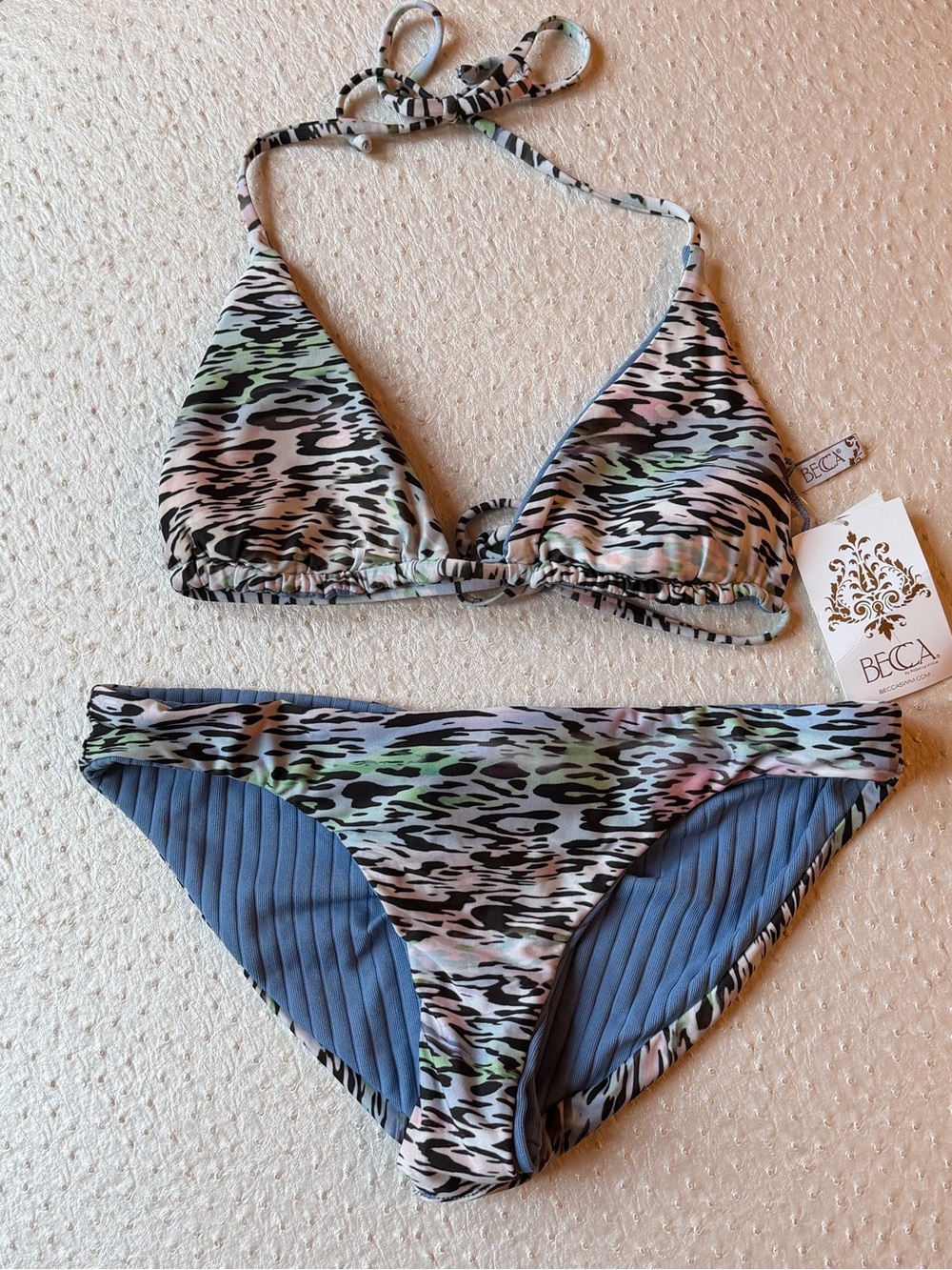 NWT BECCA Blue Animal Instincts Reversible String Bikini Set M Top & L Bottoms